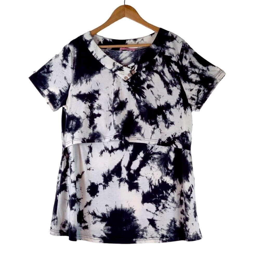 JoyMom Nursing Blouse Black White Tie Dye V-Neck Soft Knit Tunic Top Boho Sz 2XL